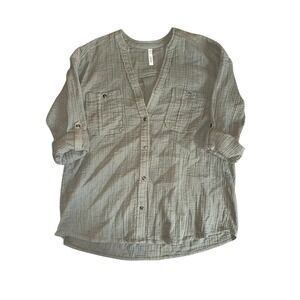JAG Women's Green‎ Crinkle Gauze Roll Tab Sleeve Button Up Shirt Top